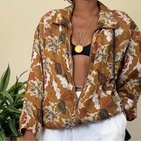 Vintage Studio Sportif Silk leaf pattern Bomber Jacket L - Picture 1 of 6